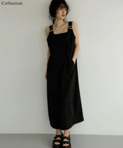 【TIME SALE 10%OFF】[低身長サイズ有]リネンライクワイドストラップジャンパースカート