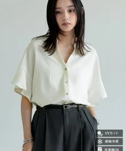 [UVカット][接触冷感][体型カバー]ポーラVネックフレアスリーブ切り替え半袖ブラウス[mb]